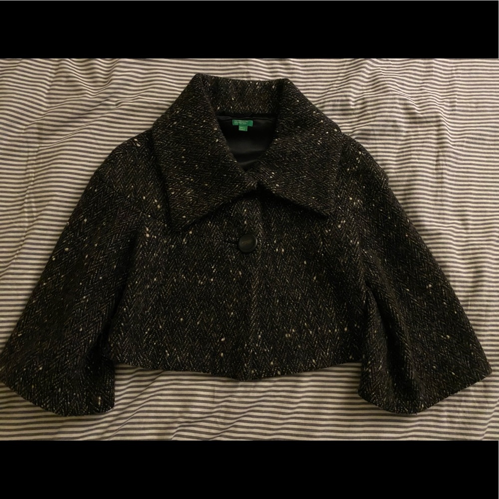 United Colors of Benetton black tweed wool cropped cape coat